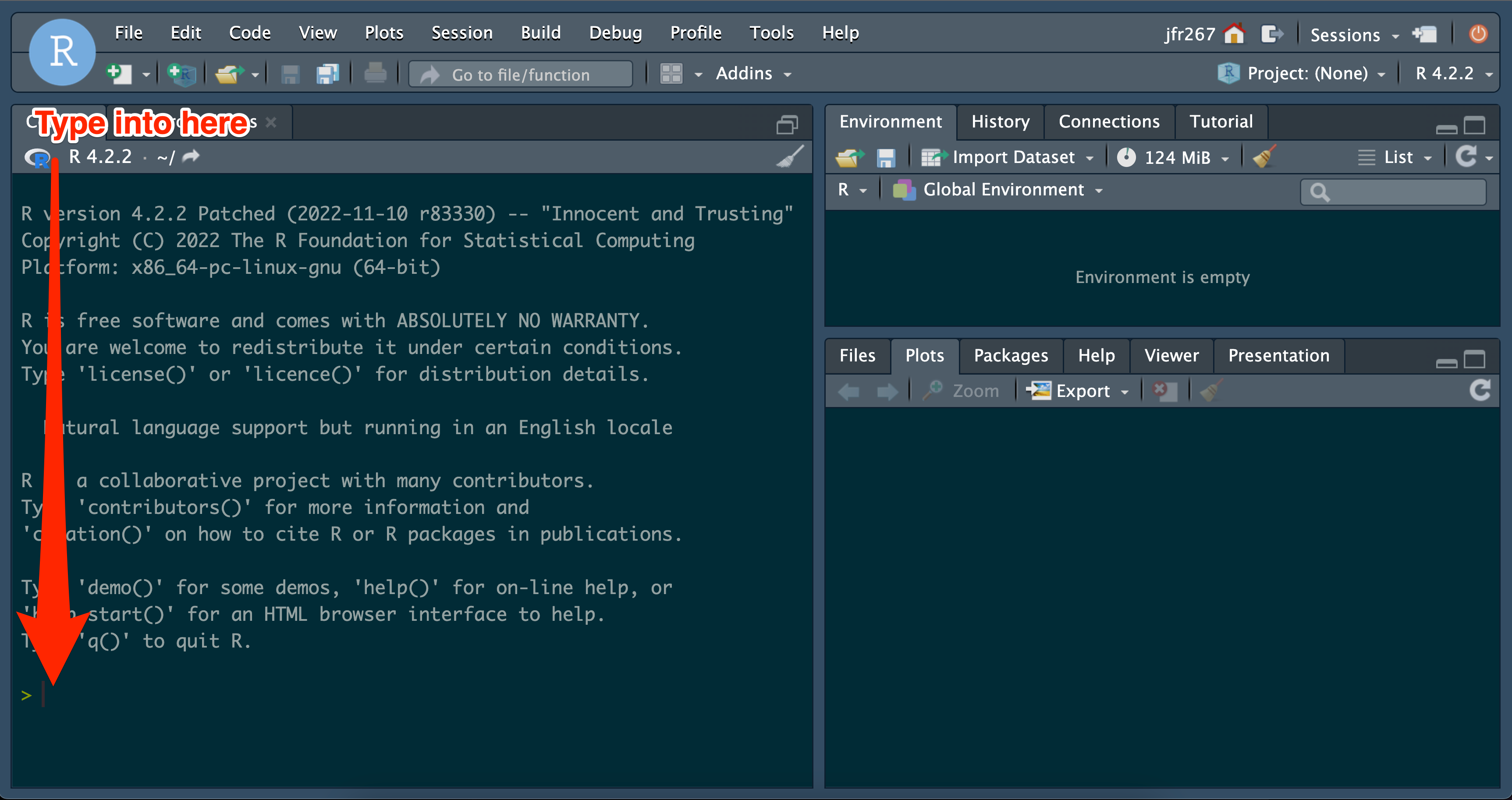 A screenshot of RStudio. The console is in its default pane on the left hand side. An arrow has been drawn onto the screenshot pointing at the