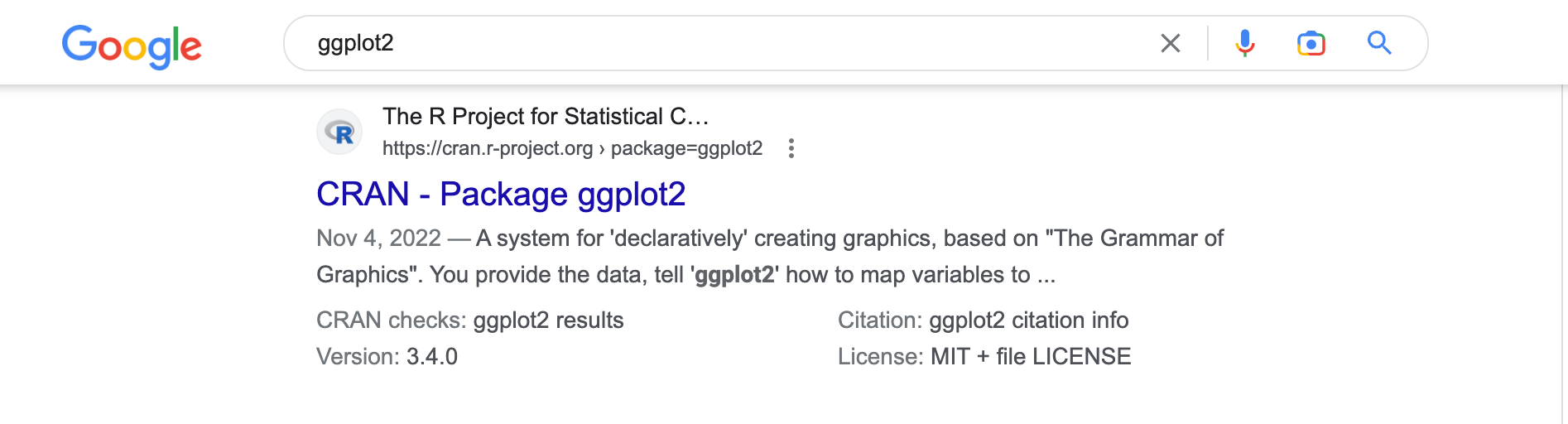A screenshot of a google search for ggplot2