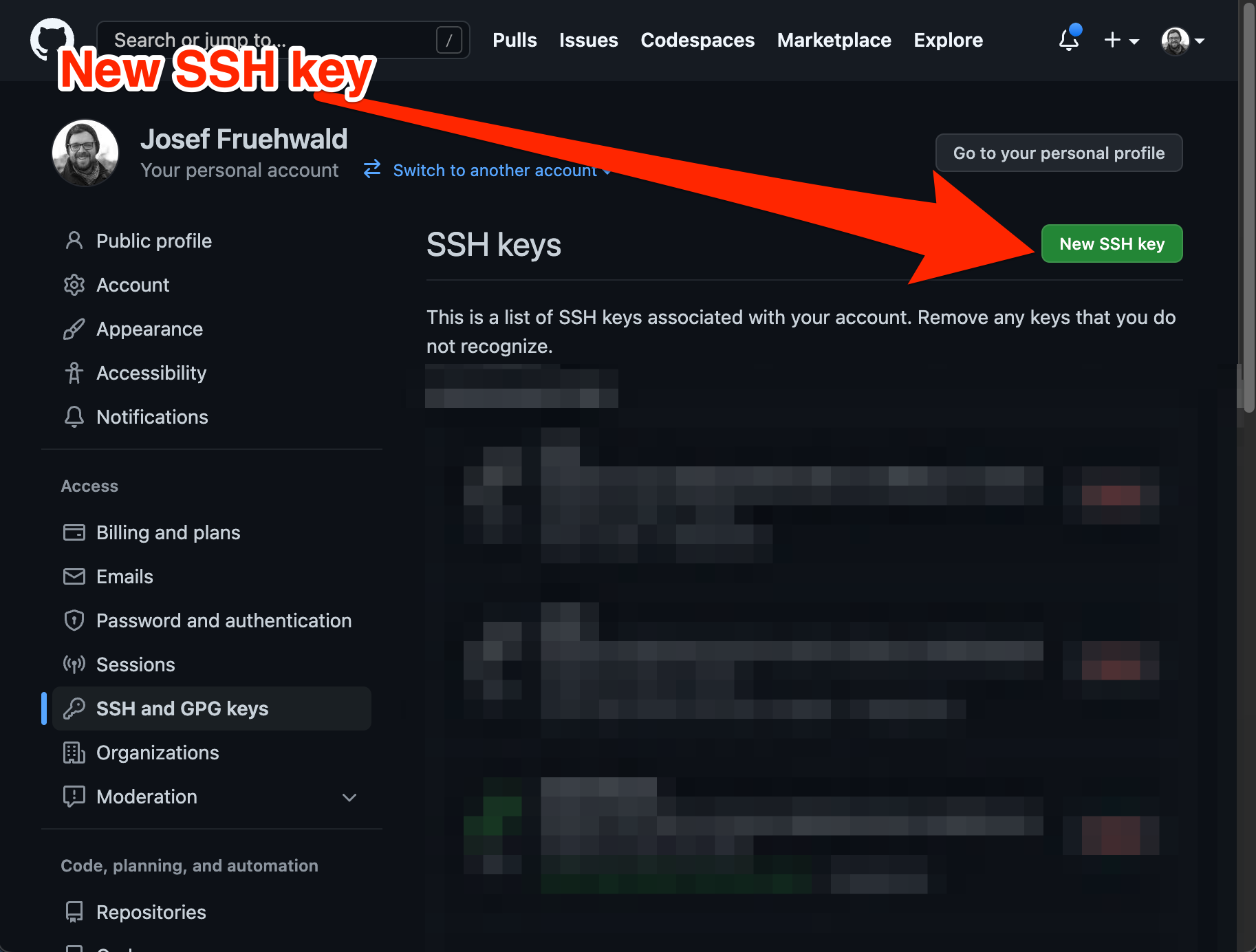 Screenshot of the Github SSH and GPG Keys settings, with New SSH Key selected