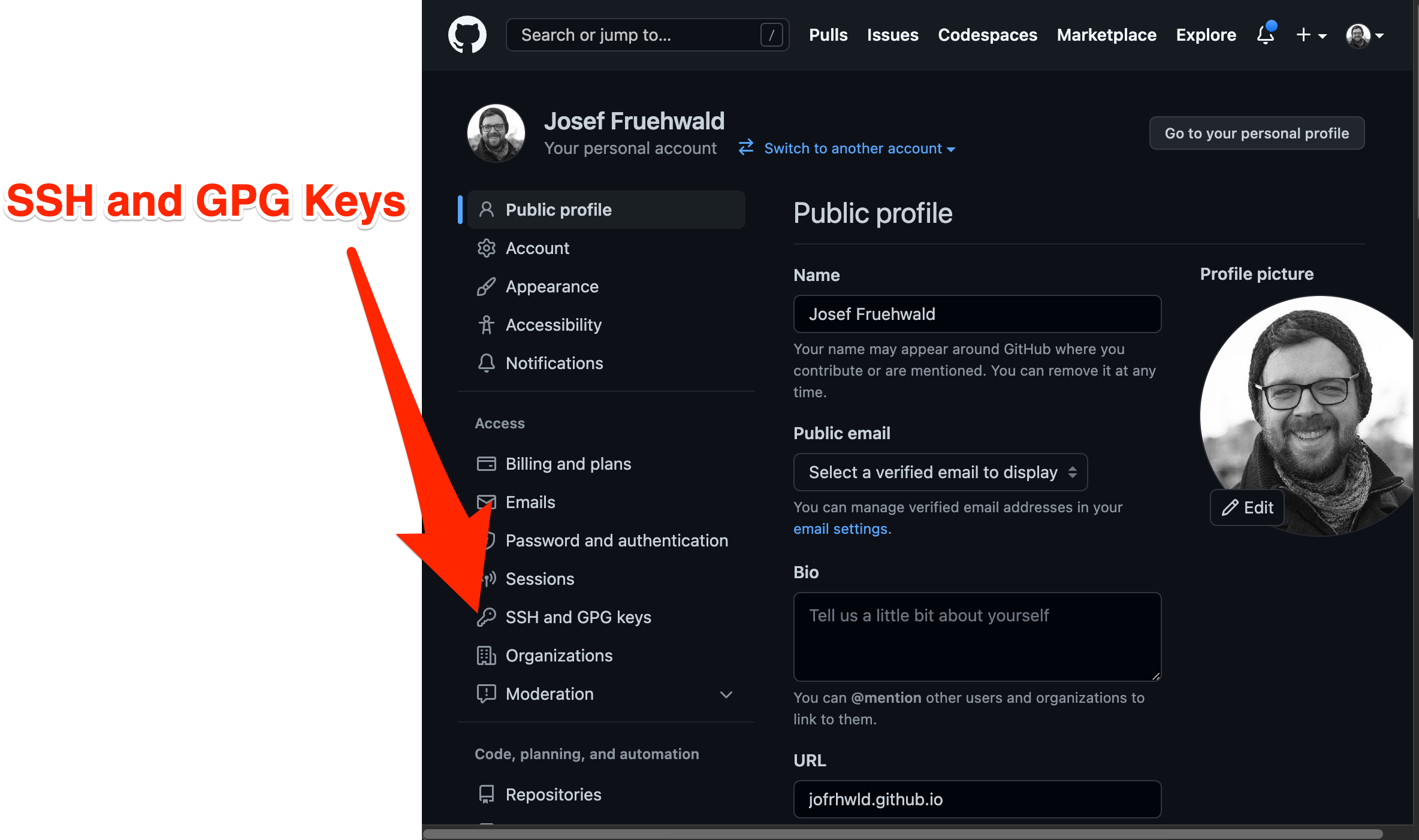 A screenshot of the github profile settings page with SSH and GPG keys selected