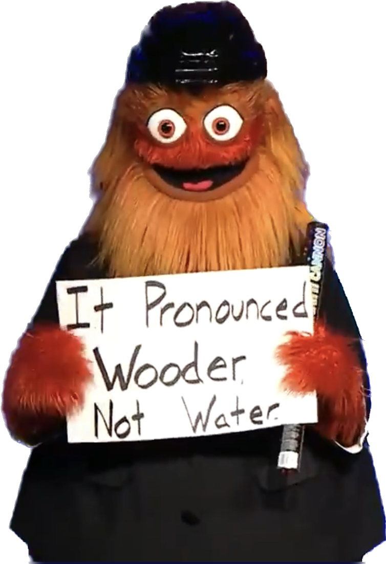 An image of NHL mascot Gritty dressed in a tux, accepting a Webby, holding a sign that sats "It Pronounced Wooder, not Water"