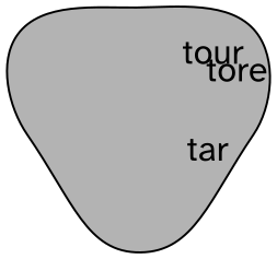 A vowel space showing *tar* in a mid back position, and both tore and tour in a high back position.