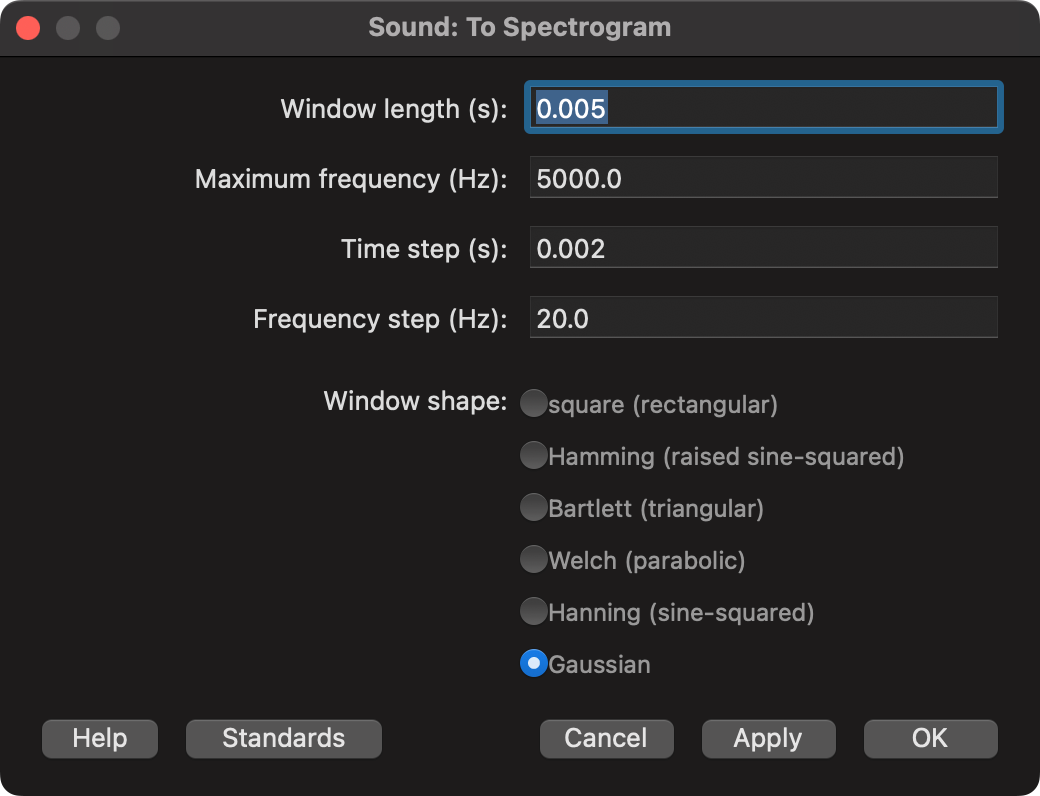 A screenshot of the default spectrogram settings for Praat.